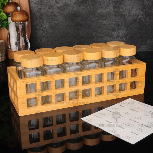 Bambu Kafes Standlı, 12li Bohem Bambu Kapaklı Baharatlık Set (1281)