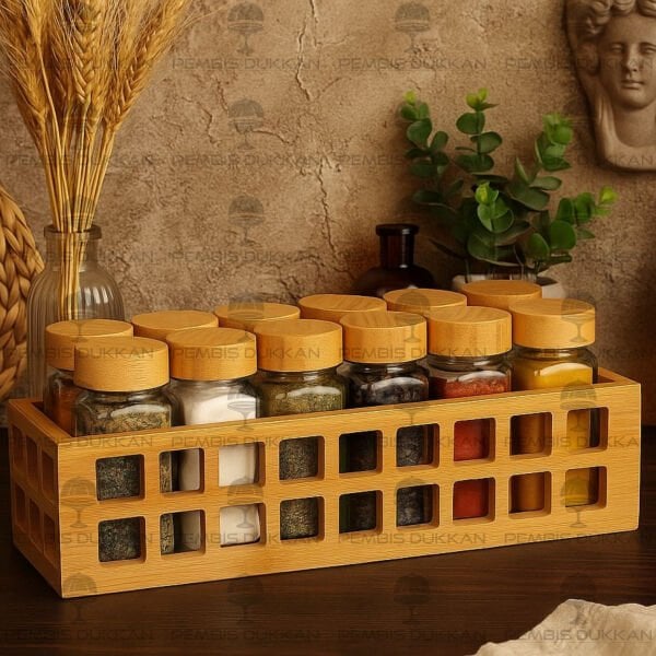 Bambu Kafes Standlı, 12li Bohem Bambu Kapaklı Baharatlık Set (1281)