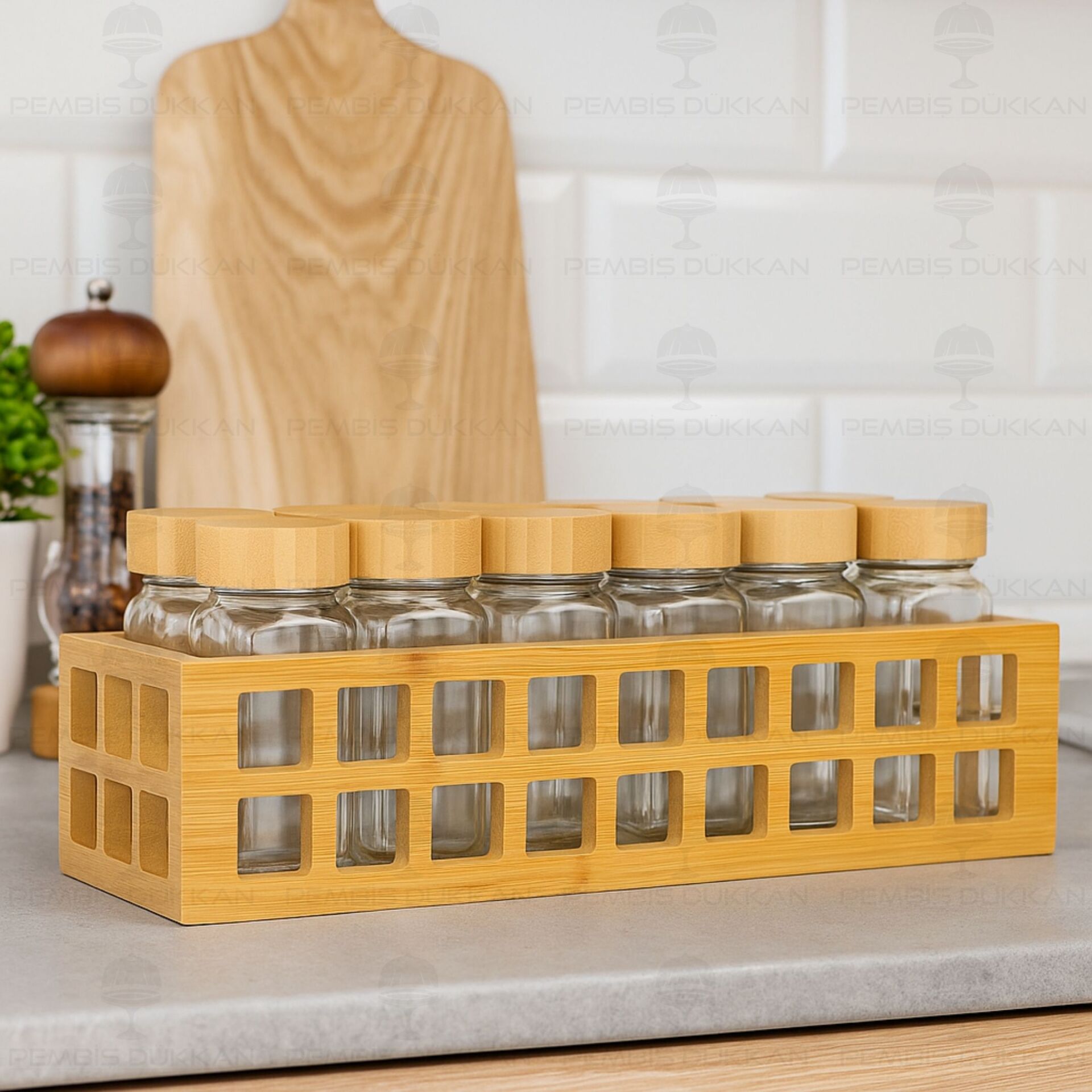 Bambu Kafes Standlı, 12li Bohem Bambu Kapaklı Baharatlık Set (1281)