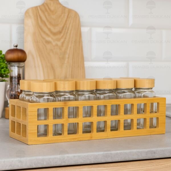 Bambu Kafes Standlı, 12li Bohem Bambu Kapaklı Baharatlık Set (1281)