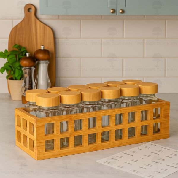 Bambu Kafes Standlı, 12li Bohem Bambu Kapaklı Baharatlık Set (1281)