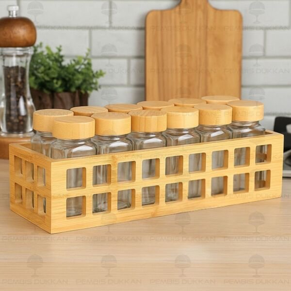 Bambu Kafes Standlı, 12li Bohem Bambu Kapaklı Baharatlık Set (1281)