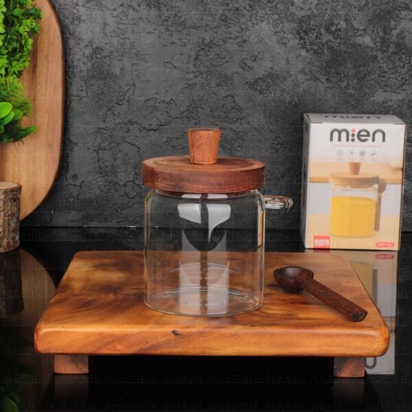 Nomi 450ml Kaşıklı, Akasya Kapaklı Kavanoz (Bor053)