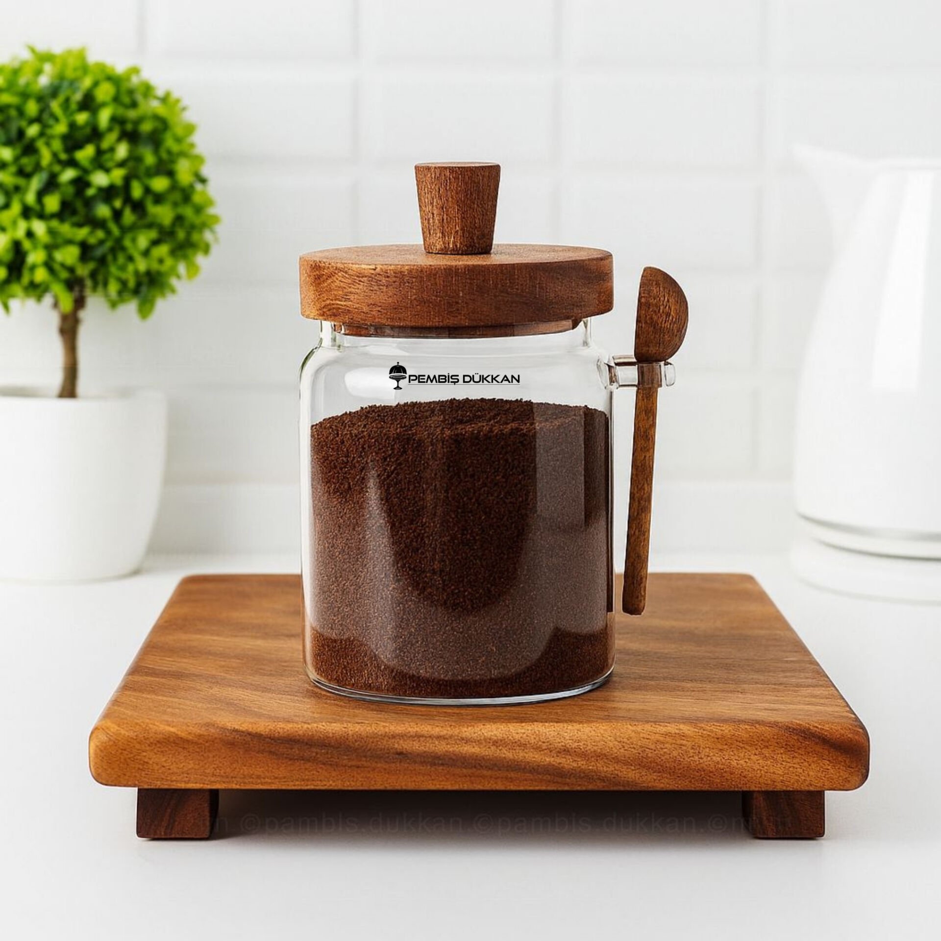 Nomi 450ml Kaşıklı, Akasya Kapaklı Kavanoz (Bor053)