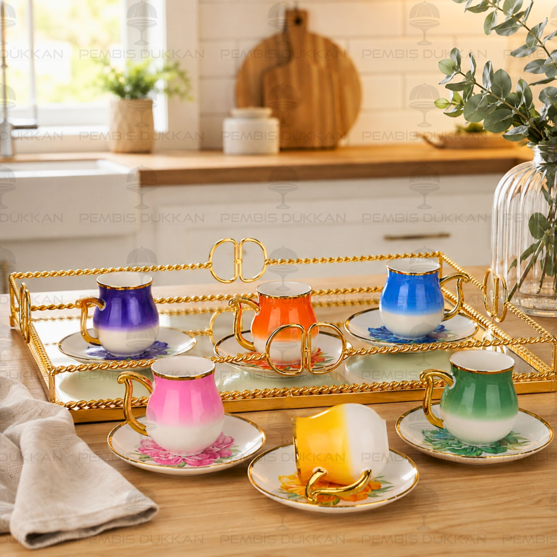 Renkli Ortanca 6 Kişilik Fincan Takımı (Mn 0360)