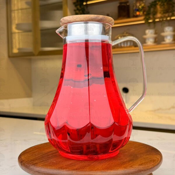 1800ml Çizgili, Akasya Kapaklı Borosilikat Cam Sürahi (77012)