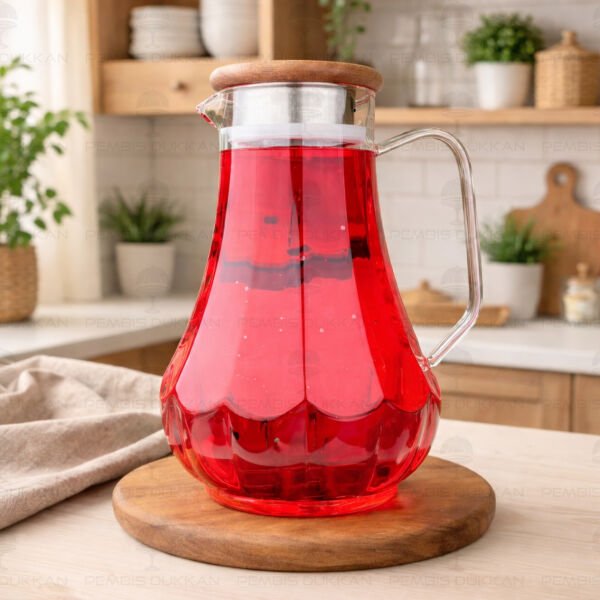 1800ml Çizgili, Akasya Kapaklı Borosilikat Cam Sürahi (77012)