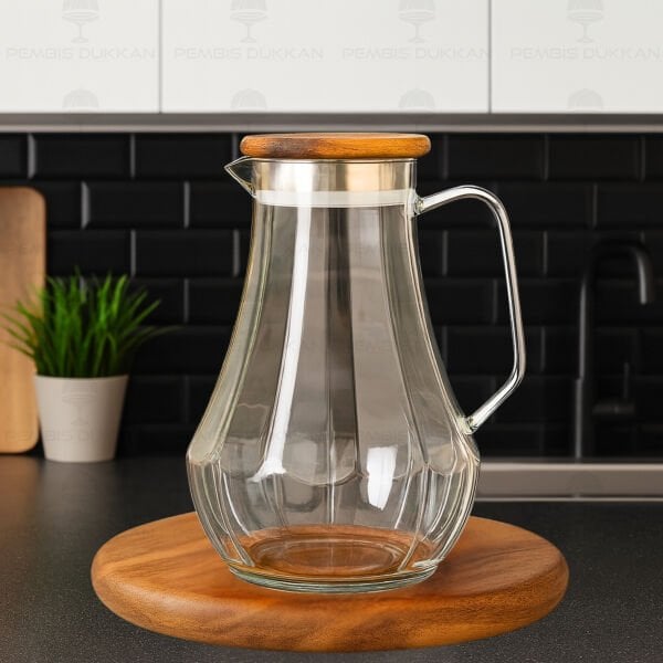 1800ml Çizgili, Akasya Kapaklı Borosilikat Cam Sürahi (77012)