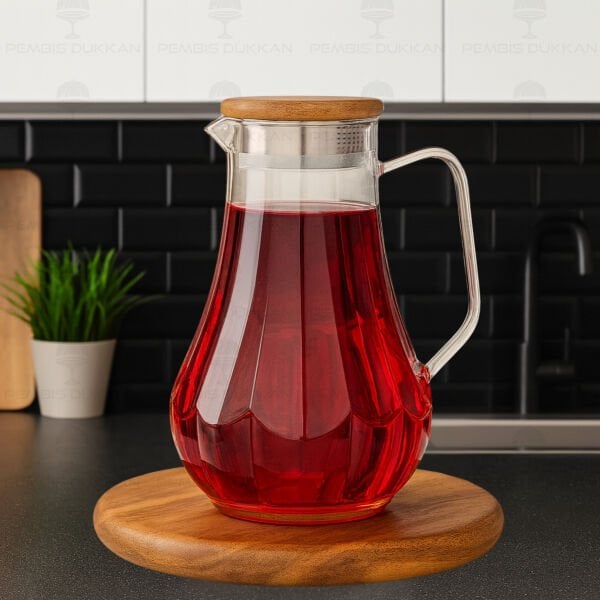 1800ml Çizgili, Akasya Kapaklı Borosilikat Cam Sürahi (77012)