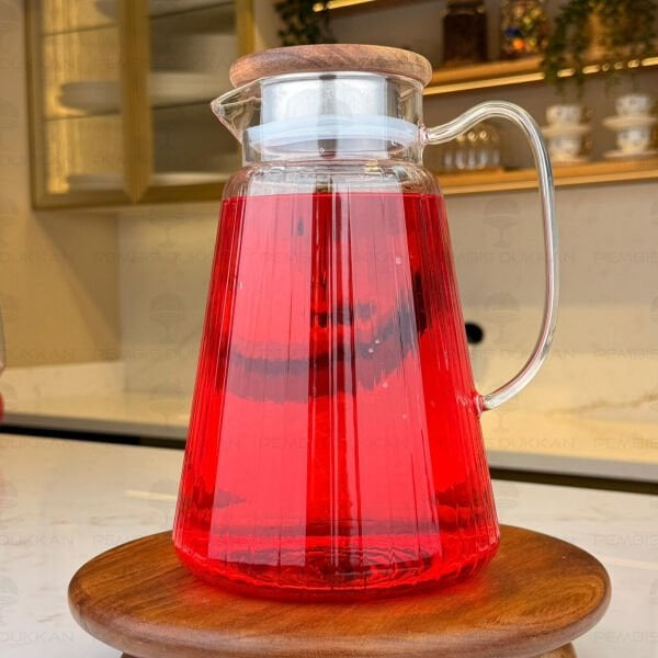 1800ml Çizgili, Akasya Kapaklı Borosilikat Cam Sürahi (77010)