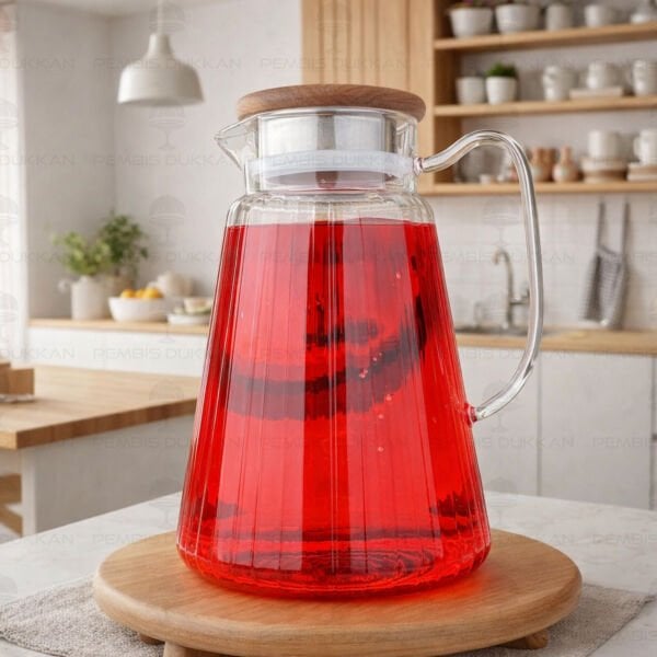 1800ml Çizgili, Akasya Kapaklı Borosilikat Cam Sürahi (77010)