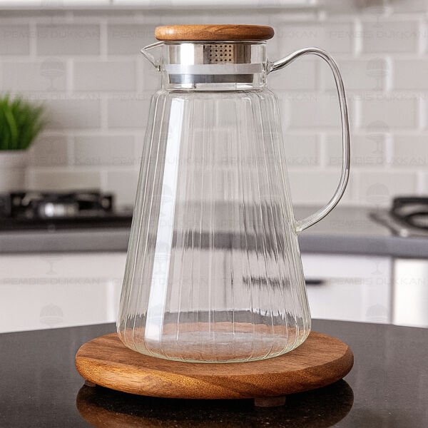 1800ml Çizgili, Akasya Kapaklı Borosilikat Cam Sürahi (77010)