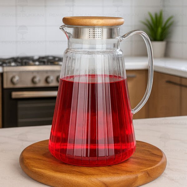 1800ml Çizgili, Akasya Kapaklı Borosilikat Cam Sürahi (77010)