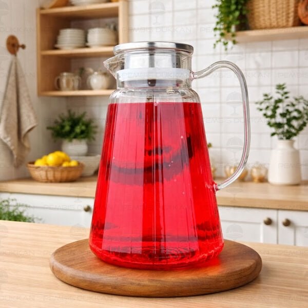 1800ml Çizgili, Metal Kapaklı Borosilikat Cam Sürahi (77005)