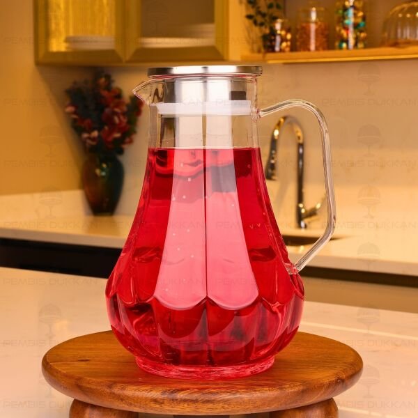 1800ml Çizgili, Metal Kapaklı Borosilikat Cam Sürahi (77007)