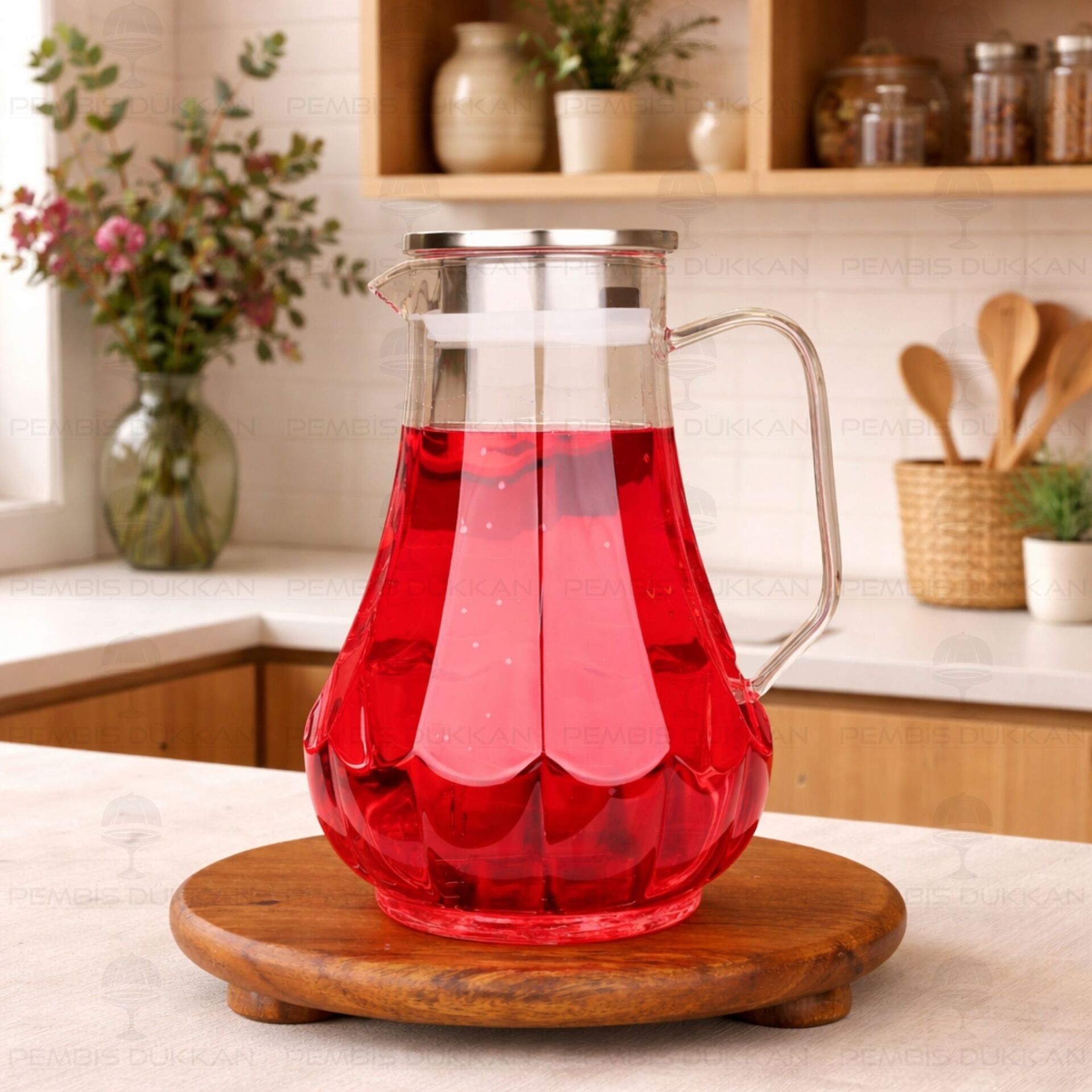 1800ml Çizgili, Metal Kapaklı Borosilikat Cam Sürahi (77007)
