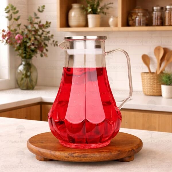 1800ml Çizgili, Metal Kapaklı Borosilikat Cam Sürahi (77007)