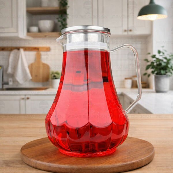 1800ml Çizgili, Metal Kapaklı Borosilikat Cam Sürahi (77007)