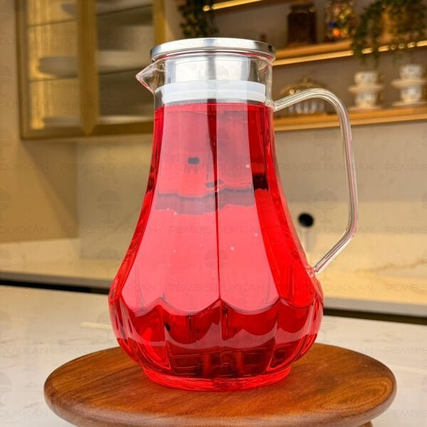 1800ml Çizgili, Metal Kapaklı Borosilikat Cam Sürahi (77007)
