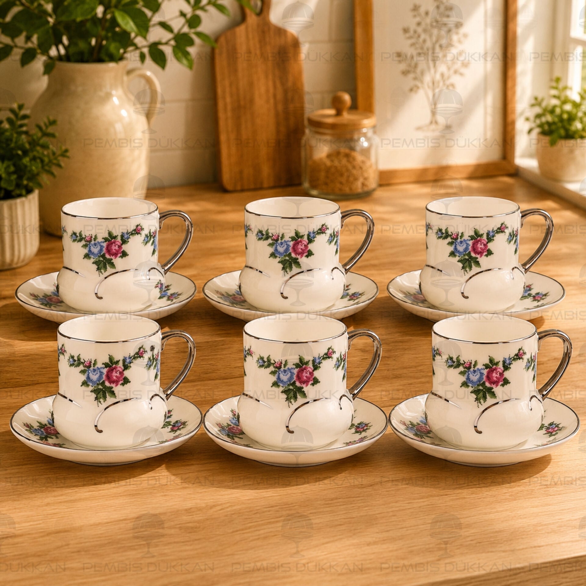 Kanaviçe Desenli, Gümüş Yaldızlı 6 Kişilik Fincan Takımı (Mn 0368)