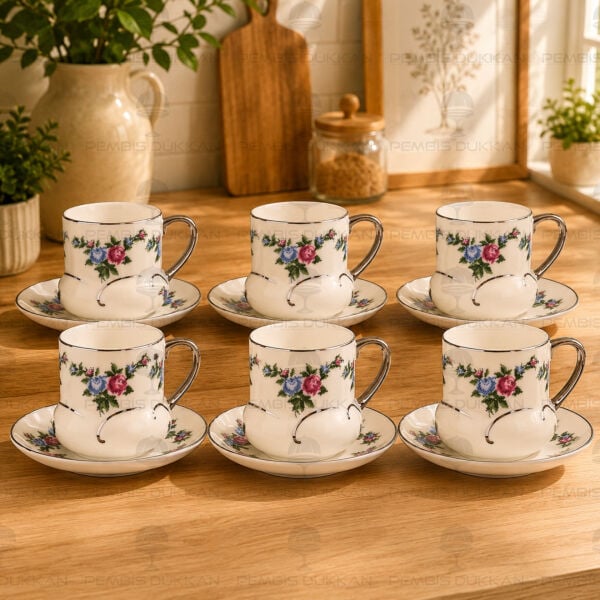 Kanaviçe Desenli, Gümüş Yaldızlı 6 Kişilik Fincan Takımı (Mn 0368)