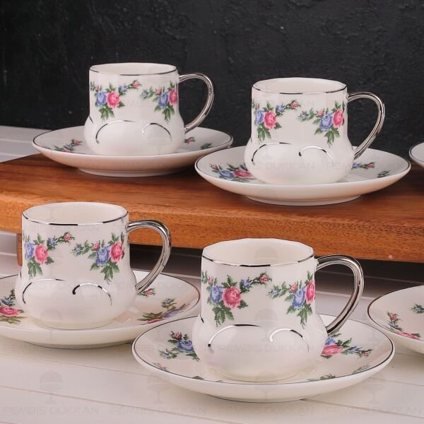 Kanaviçe Desenli, Gümüş Yaldızlı 6 Kişilik Fincan Takımı (Mn 0368)