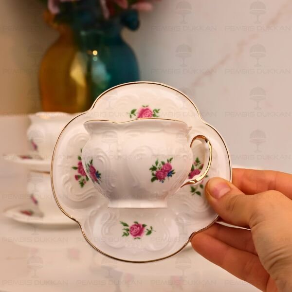 Kabartma Dokulu, Çiçekli Pinterest 6 Kişilik Fincan Takımı (Mn 0371)