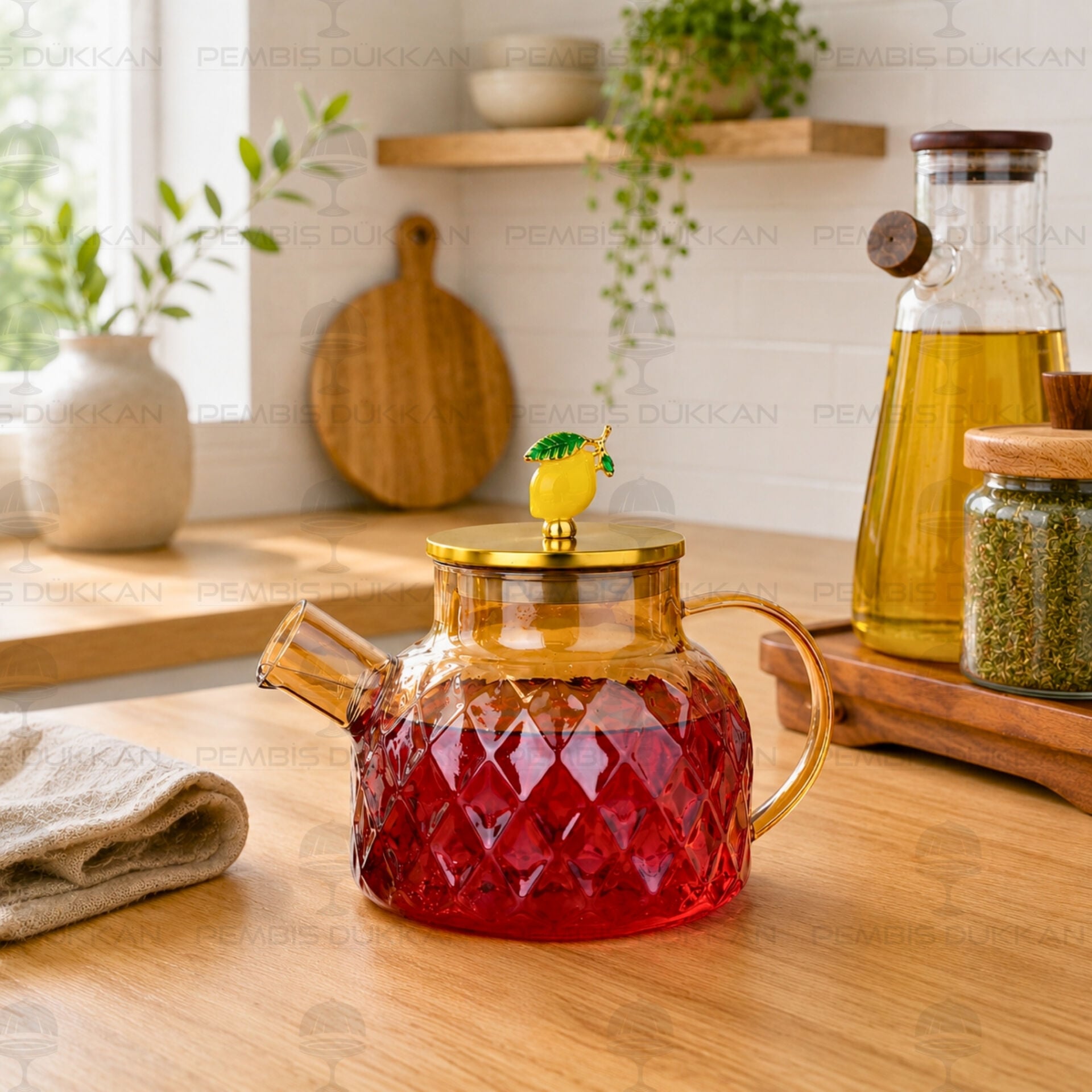 1000 ml Linda Baklava Desen Borosilikat Cam Demlik Ve Sürahi