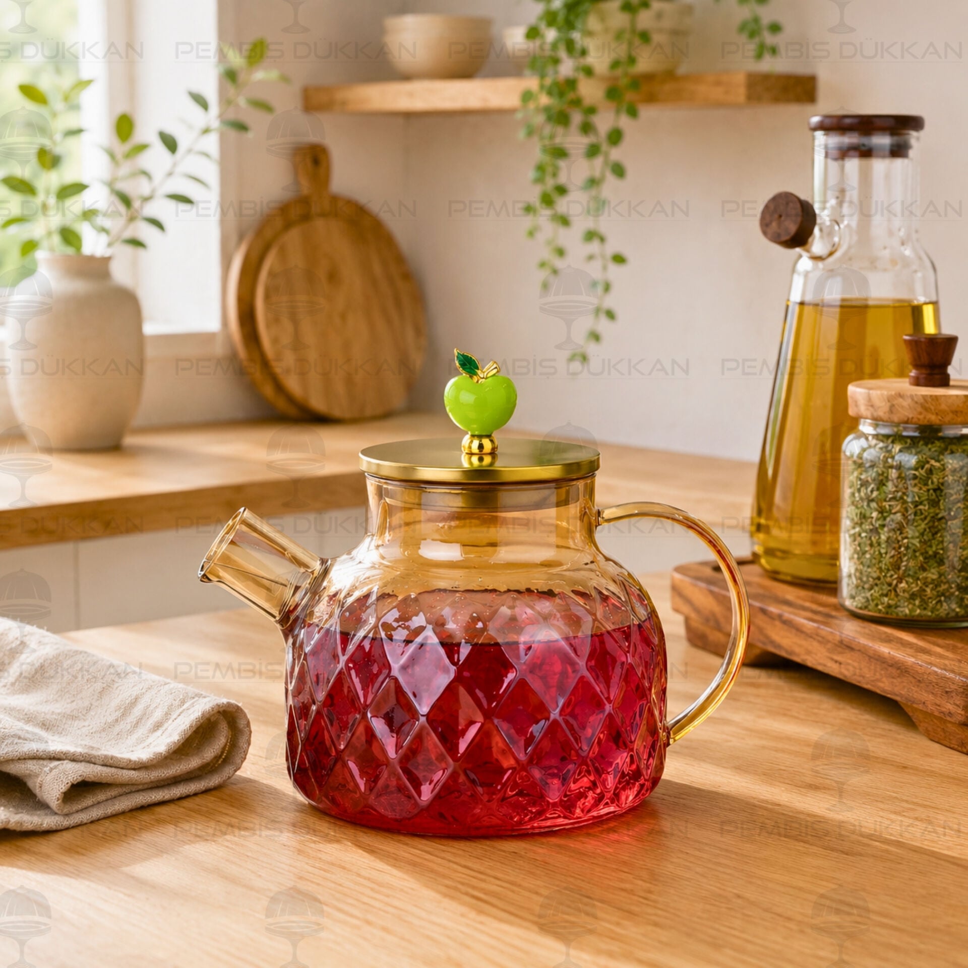 1000 ml Mon Amour Baklava Desen Borosilikat Cam Demlik Ve Sürahi