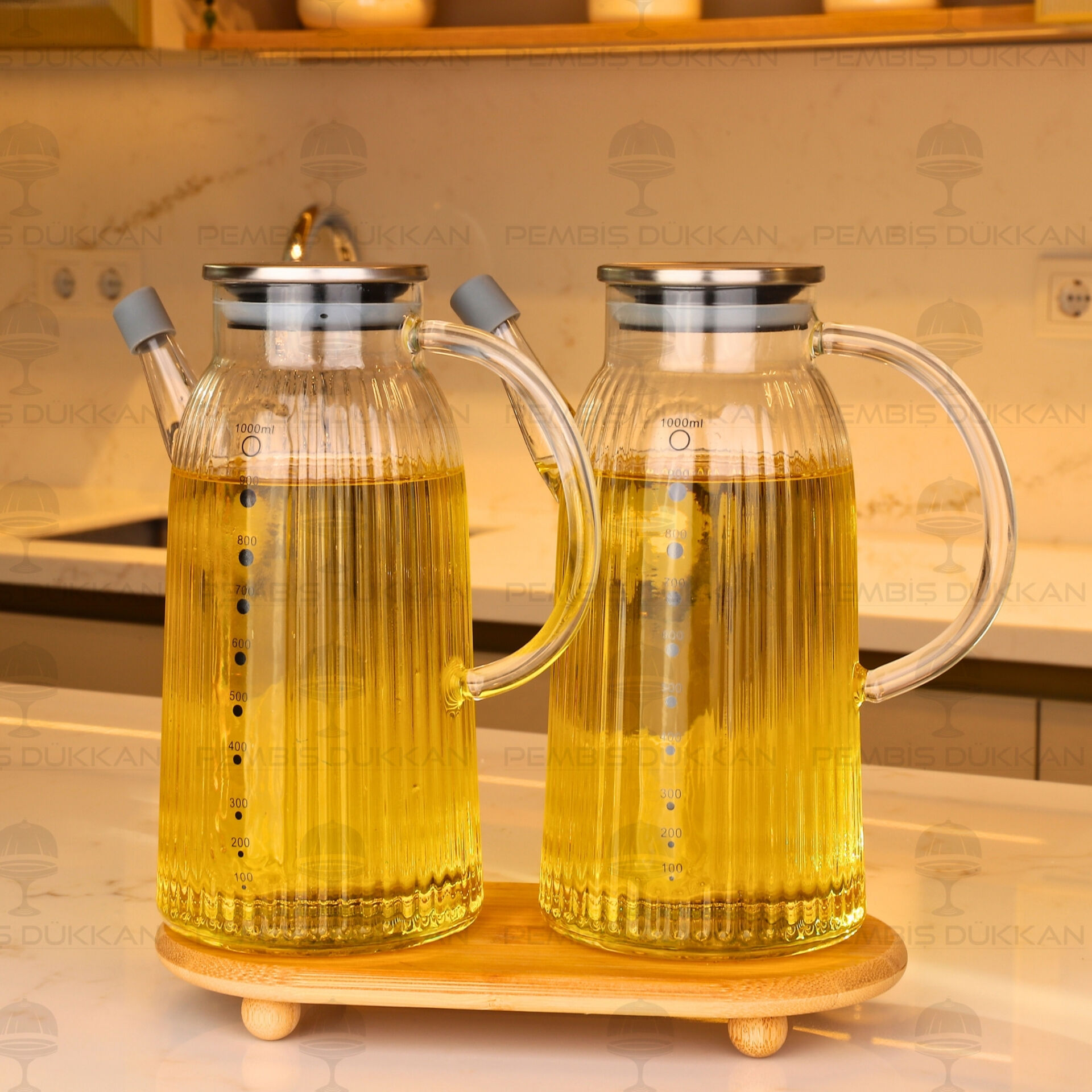 Bambu Altlıklı, 2li İnce Çizgili Metal Yağdanlık Set (Gla03 + 1526)