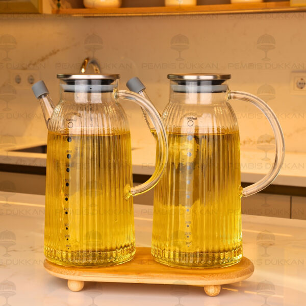 Bambu Altlıklı, 2li İnce Çizgili Metal Yağdanlık Set (Gla03 + 1526)