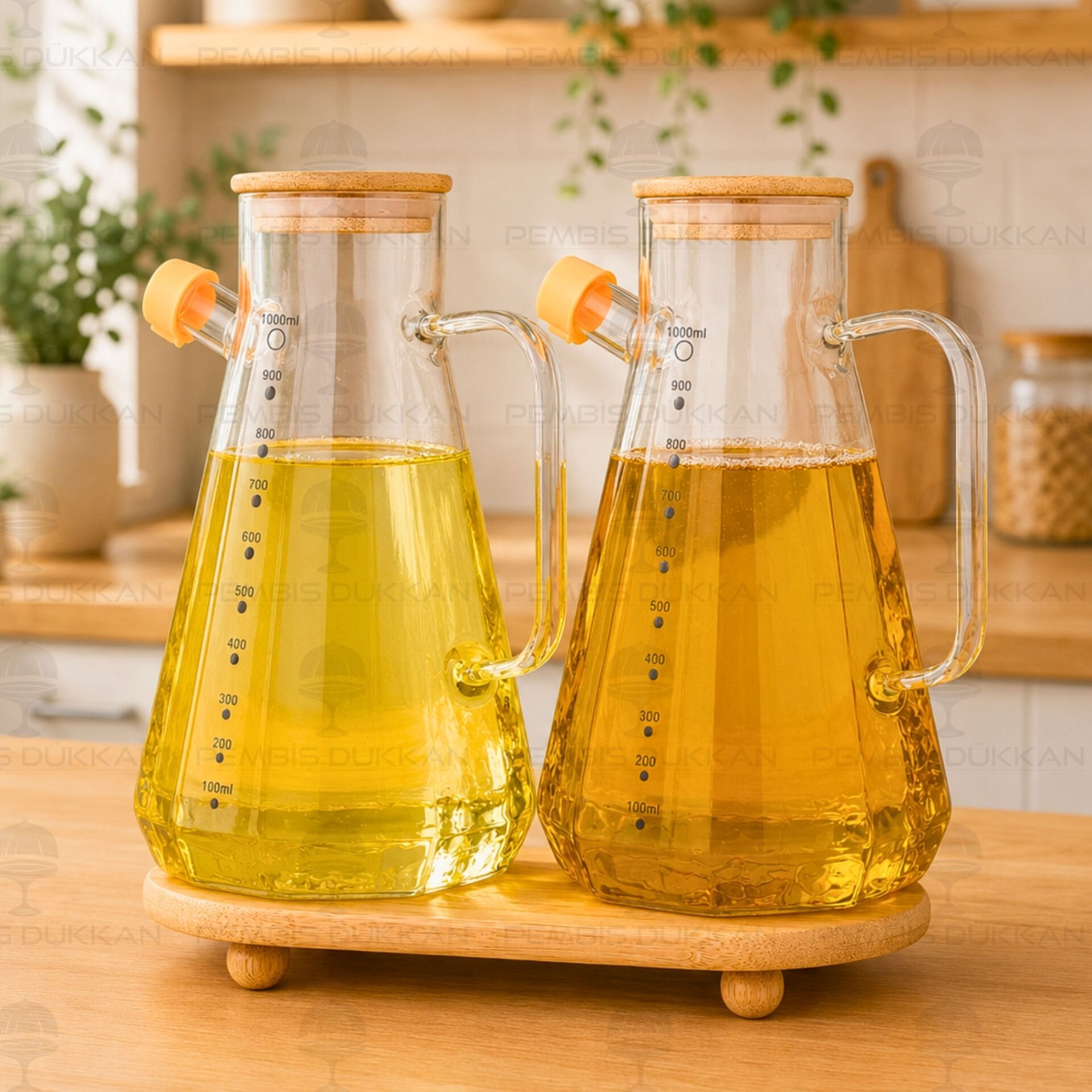 Bambu Altlıklı, 2li Köşeli Bambu Yağdanlık Set (Gla12 + 1526)