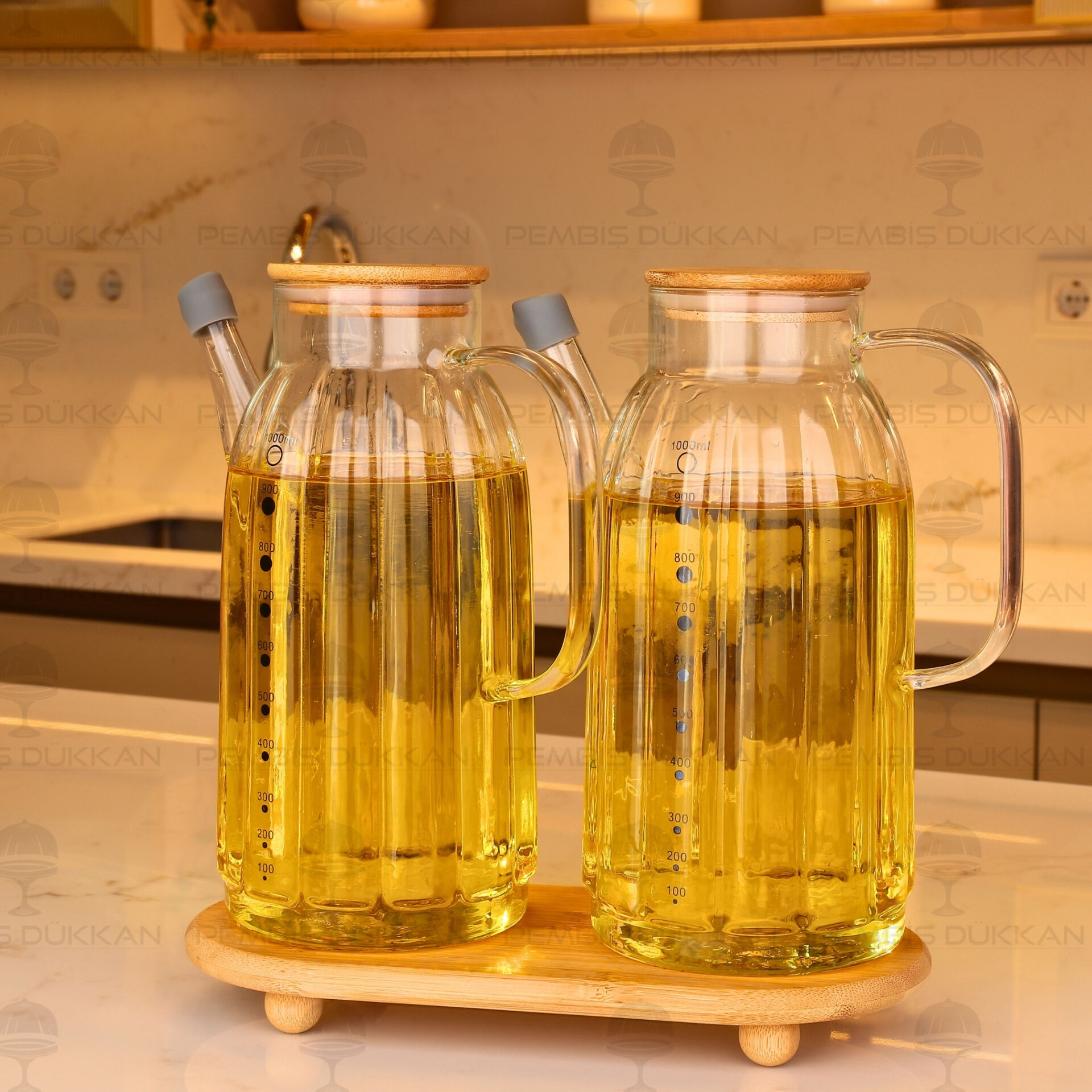 Bambu Altlıklı, 2li Kalın Çizgili Bambu Yağdanlık Set (Gla02 + 1526)