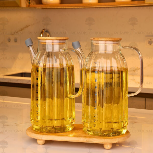 Bambu Altlıklı, 2li Kalın Çizgili Bambu Yağdanlık Set (Gla02 + 1526)