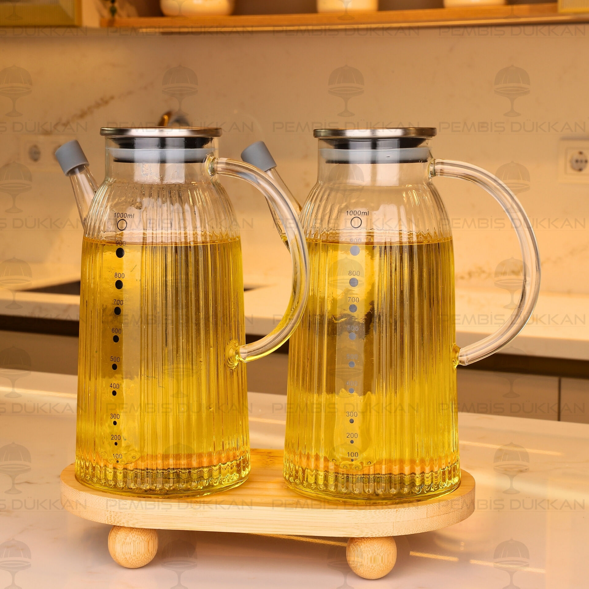 Bambu Altlıklı, 2li İnce Çizgili Metal Yağdanlık Set (Gla03 + 1094)