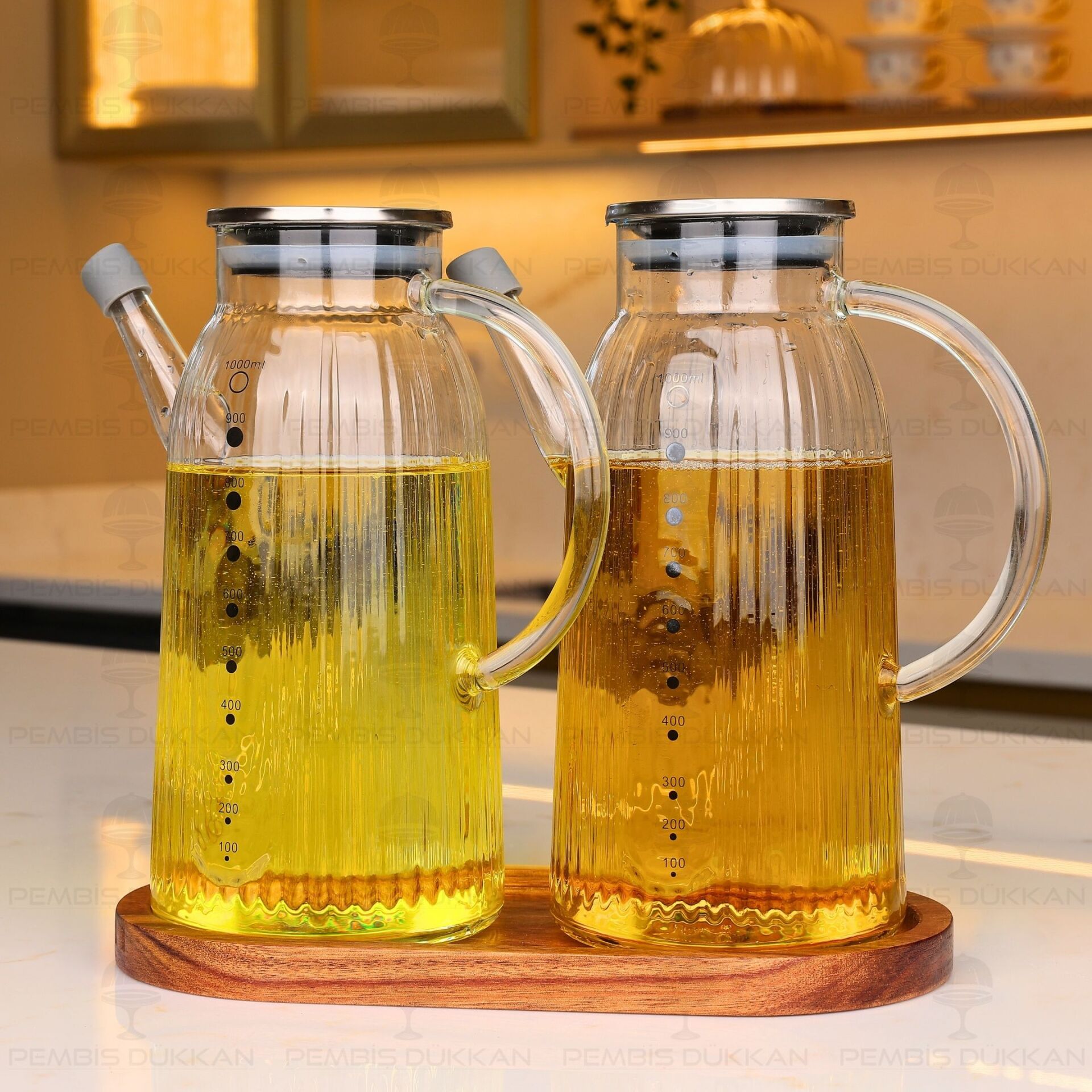 Akasya Altlıklı, 2li İnce Çizgili Metal Yağdanlık Set (Gla03 + 77030)