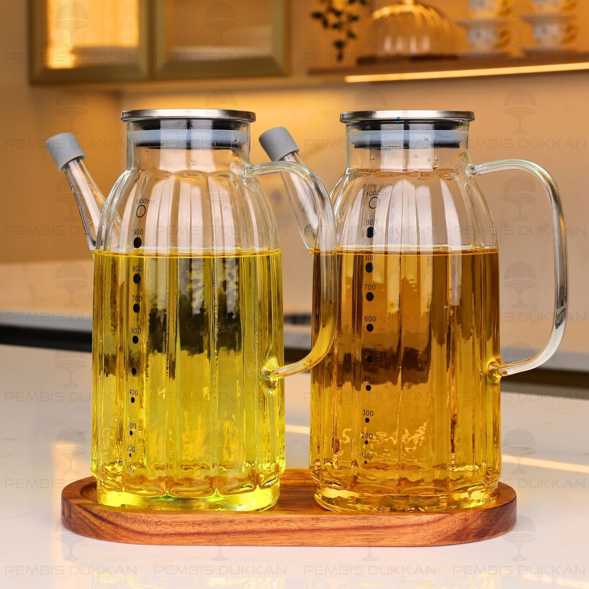 Akasya Altlıklı, 2li Kalın Çizgili Metal Yağdanlık Set (Gla01 + 77030)