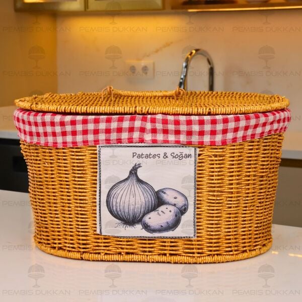 Oval Kapaklı Rattan Bezli 2 Bölmeli Patates & Soğan Sepeti (9t03)