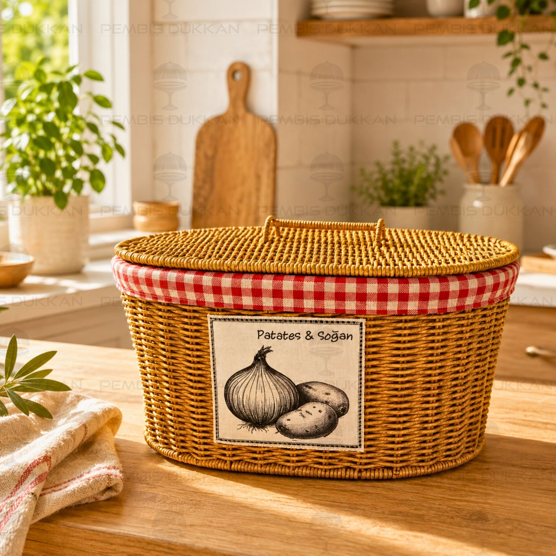 Oval Kapaklı Rattan Bezli 2 Bölmeli Patates & Soğan Sepeti (9t03)