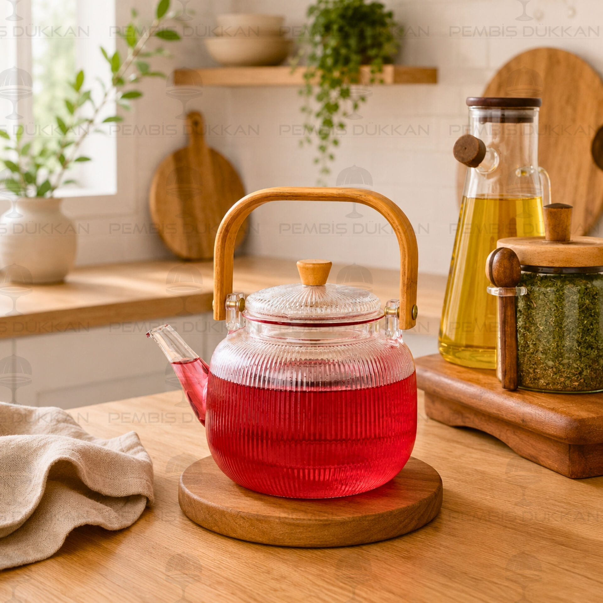 1000 ml Bambu Kulplu Borosilikat Cam Süzgeçli Demlik COS-92