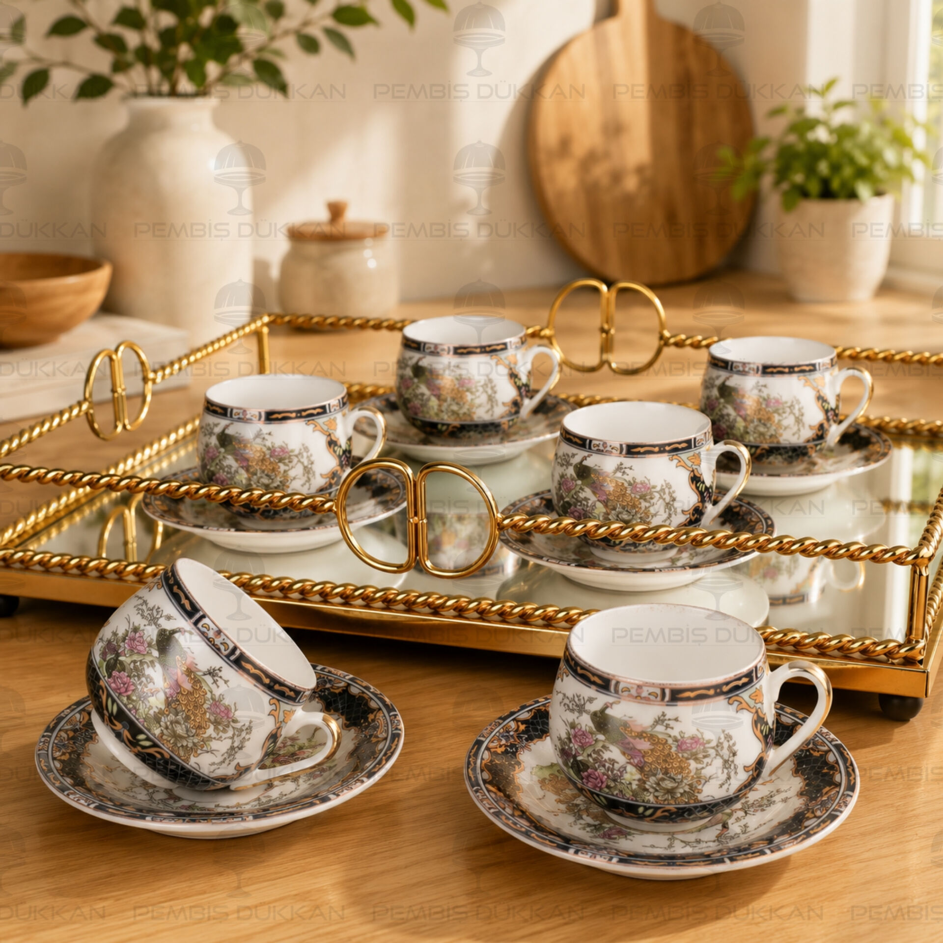 6 Kişilik Ksv İnce Porselen Tavuskuşu Model Fincan Takımı