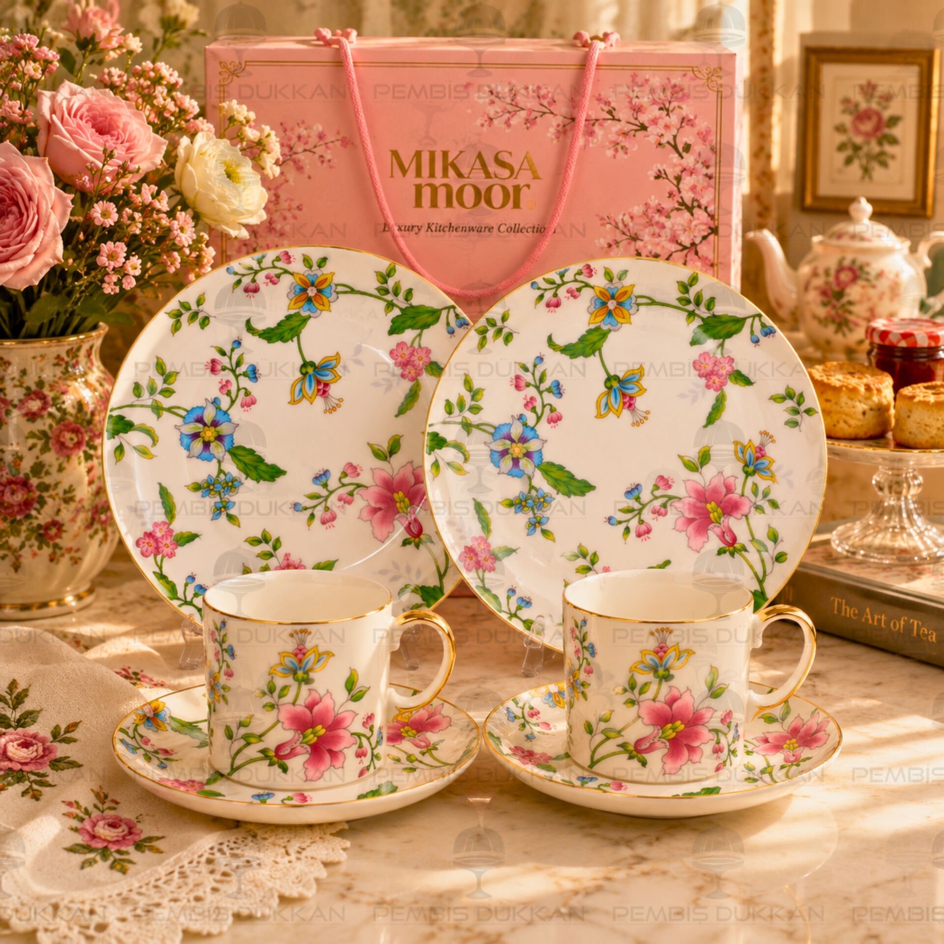 Florid 6 Parça 2 Kişilik Pasta Tabaklı Çay Fincan Takımı