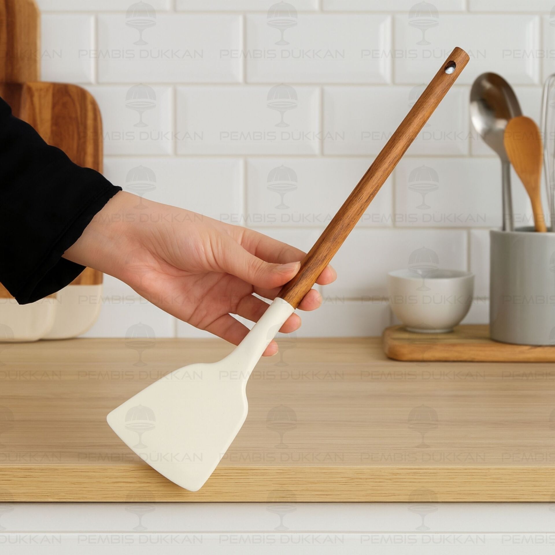 Akasya Saplı Krem Silikon Dikey Spatula (1201)