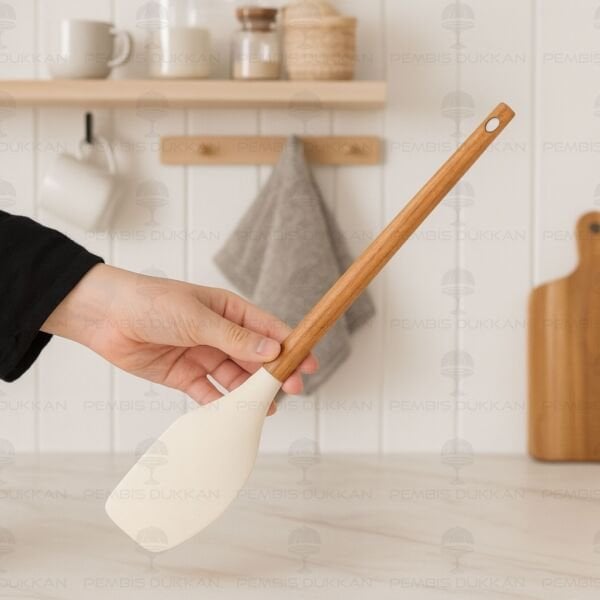 Akasya Saplı Krem Silikon Yan Spatula (1198)