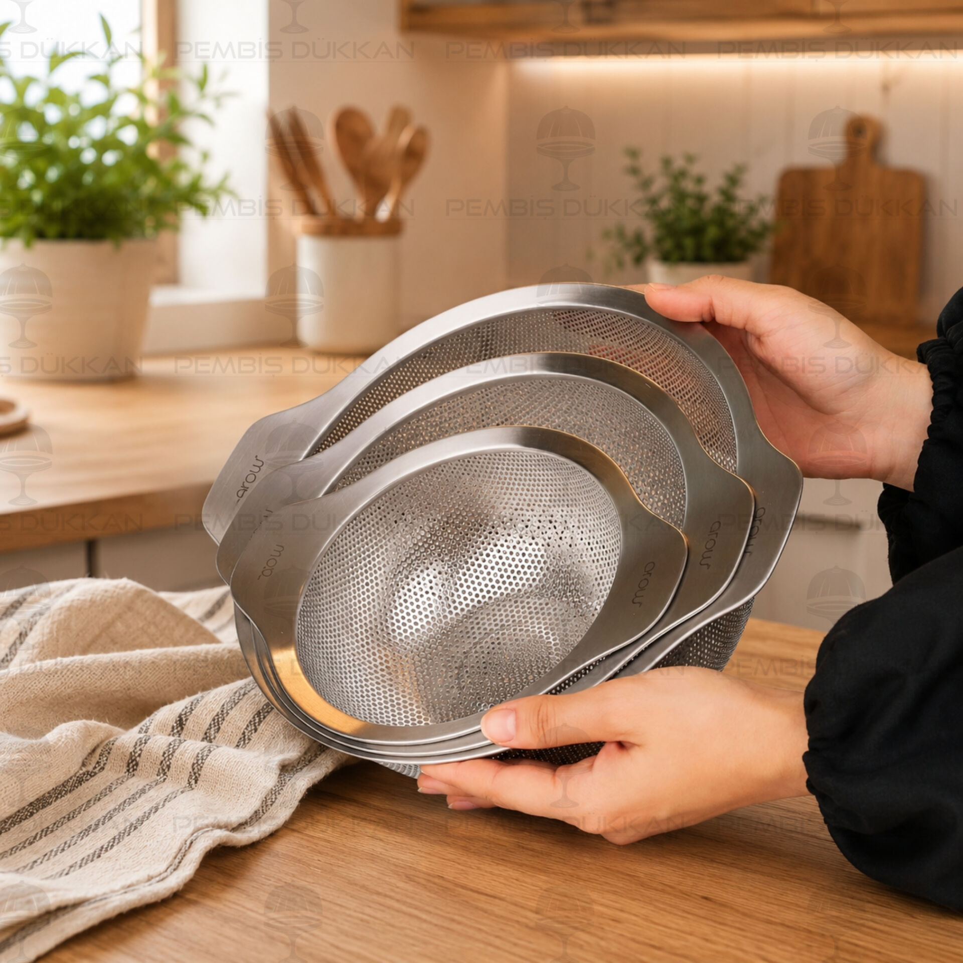 18-22-26 cm Sieve 3'lü 18/10 Paslanmaz Çelik Süzgeç Set
