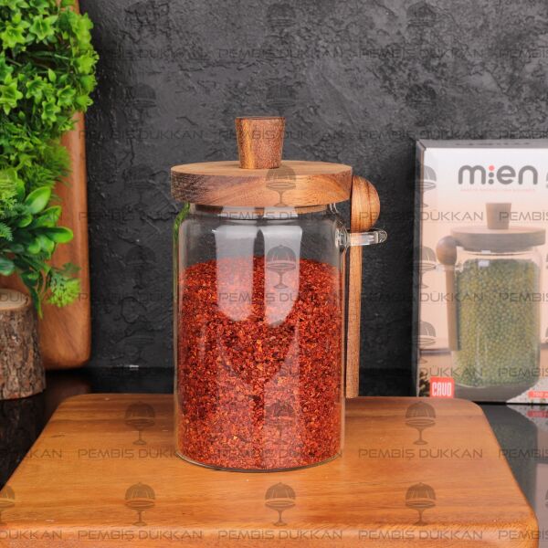 Nomi 700ml Kaşıklı, Akasya Kapaklı Kavanoz (Bor 0106)