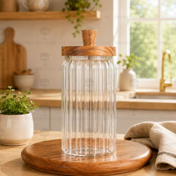 Valore 950ml Akasya Kapaklı Çizgili Kavanoz (Bor 0122)
