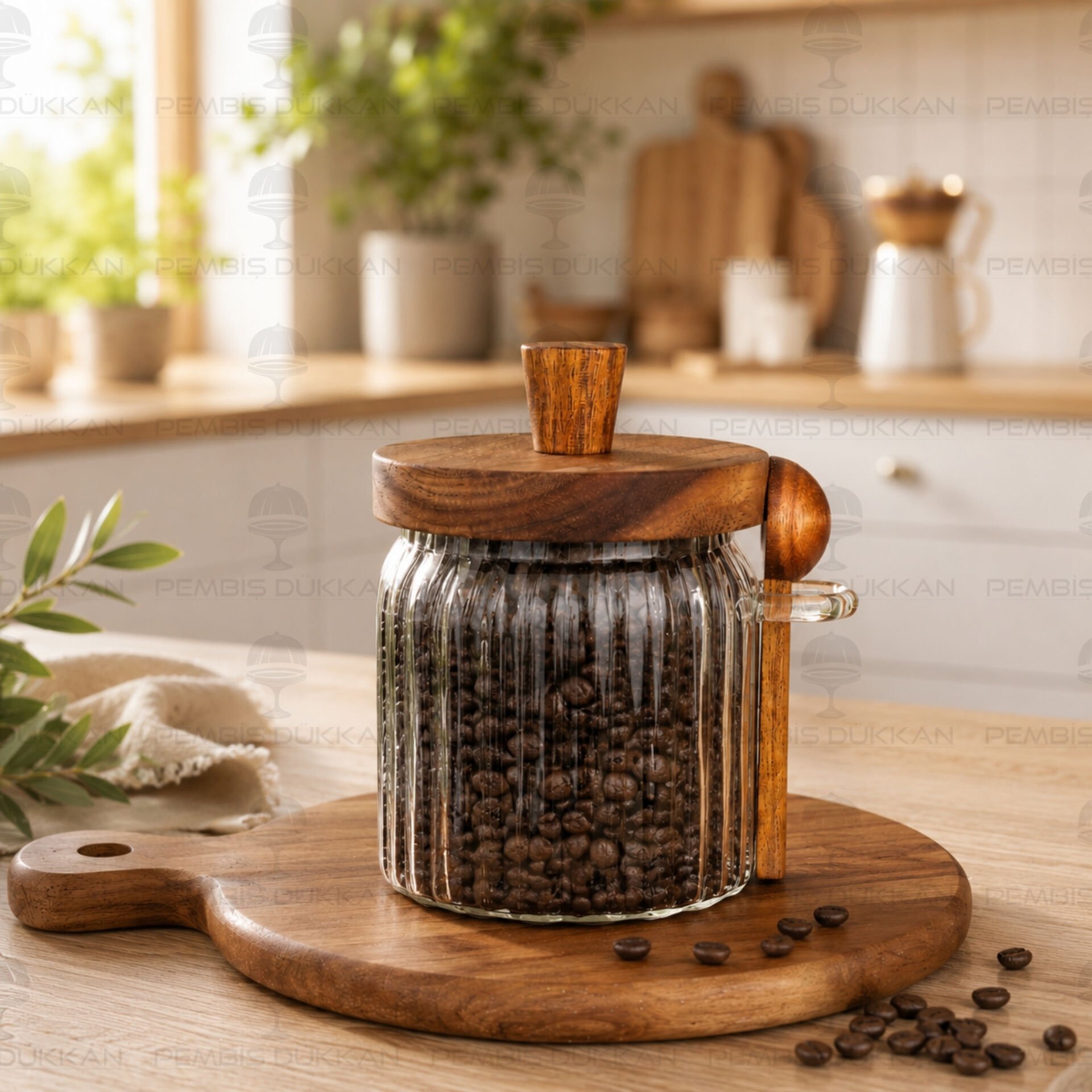 Valore 450ml Kaşıklı, Akasya Kapaklı Çizgili Kavanoz (Bor 0123)