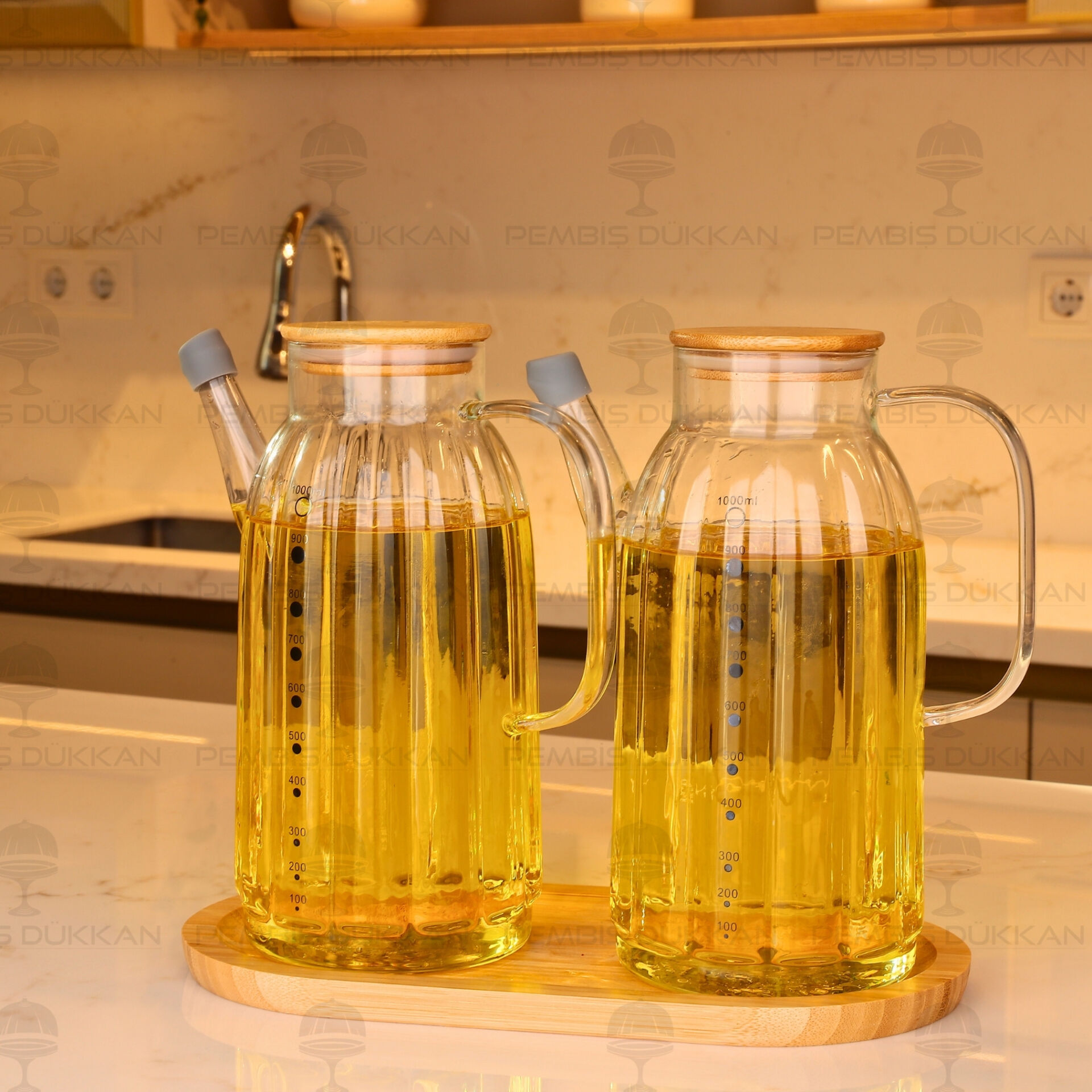 Bambu Altlıklı, 2li Kalın Çizgili Bambu Yağdanlık Set (Gla02 + 75652)