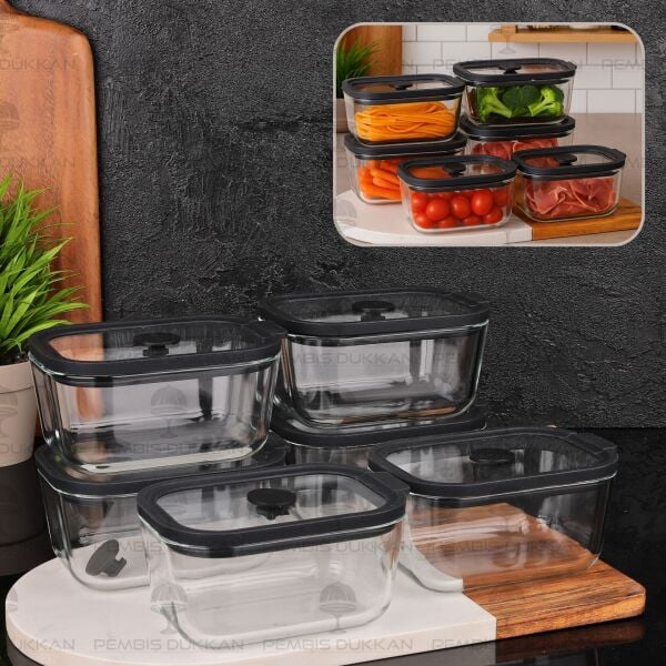 6lı Siyah 470ml Silikon Vakumlu, Cam Saklama Kabı (3h01)